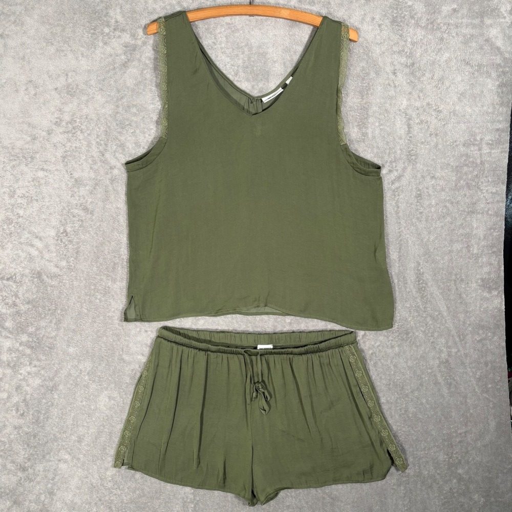 Van Winkle & Co Womens XL Pajama Set Olive Green Lace Trim Tank Shorts Lounge